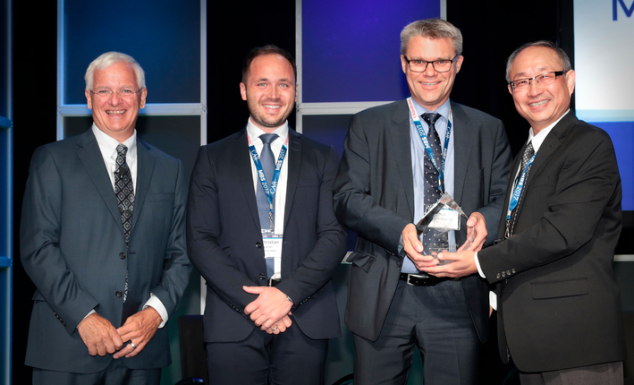 Proud winners and organizers: From left, Judging Chair Dr. Jay Baron, president and CEO of CAR (Center for Automotive Research); Dr. Christian Koroschetz, CTO, Technology Development at AP&T; Magnus Baarman, CEO at AP&T and Richard Yen, senior vice president, Automotive and Global Markets Team at Altair. 