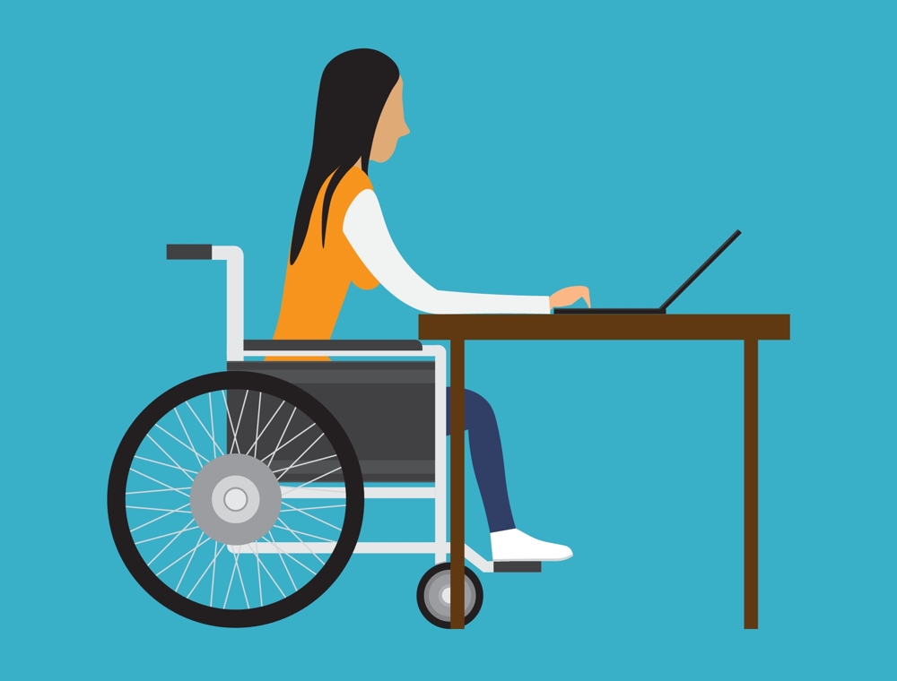 Grafikk: Illustrasjon av rullestolbruker ved arbeidsstasjon